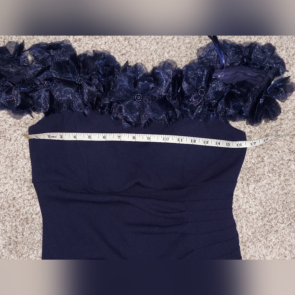 ⭐️SALE⭐️THIS WEEKEND⭐️ Xscape Navy Blue Off The Shoulder Dress With Flowers - Picture 8 of 8